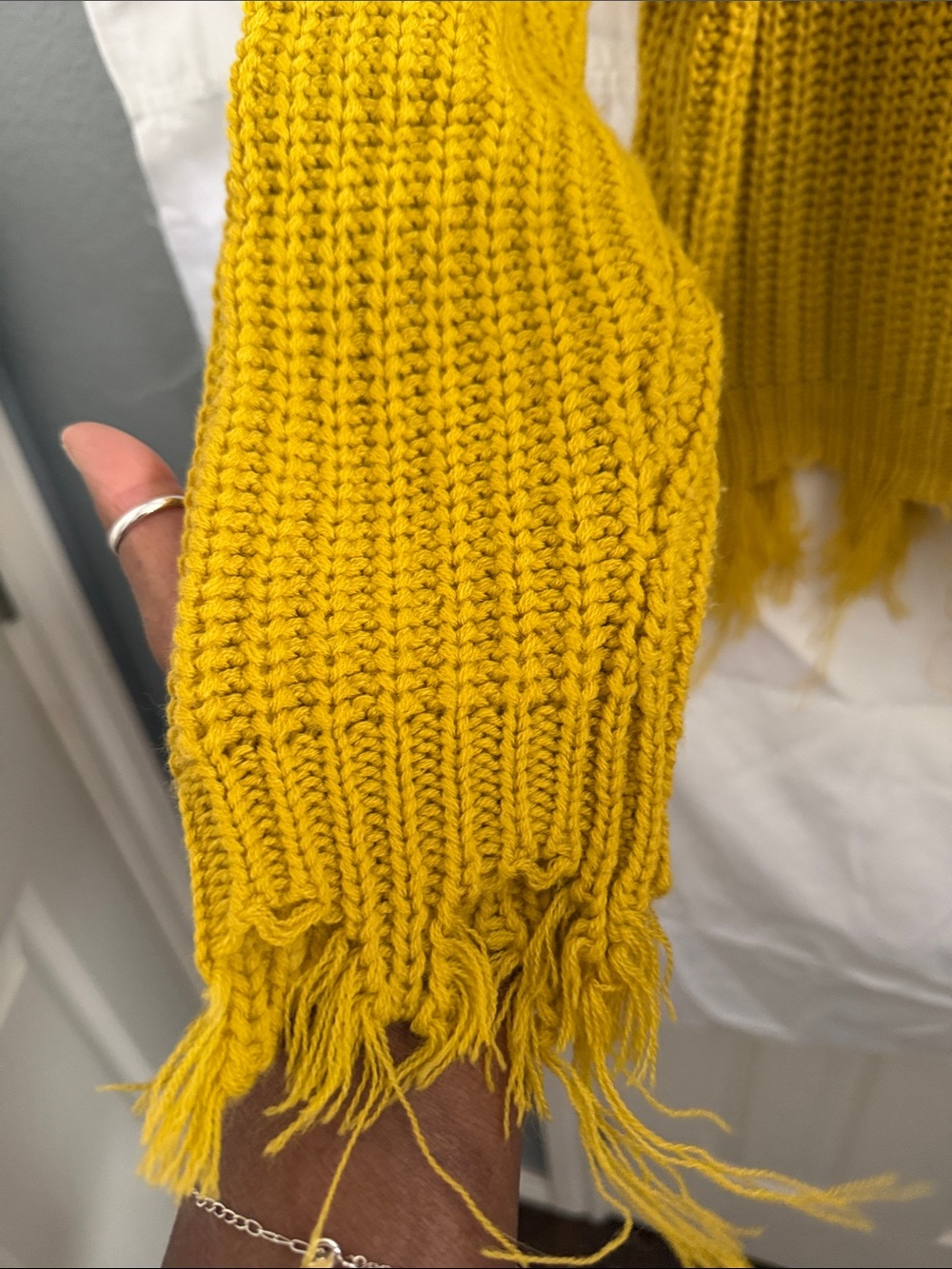 Love Tree Mustard Yellow Distressed V-Neck Chunky Knit Sweater - Picture 4 of 6